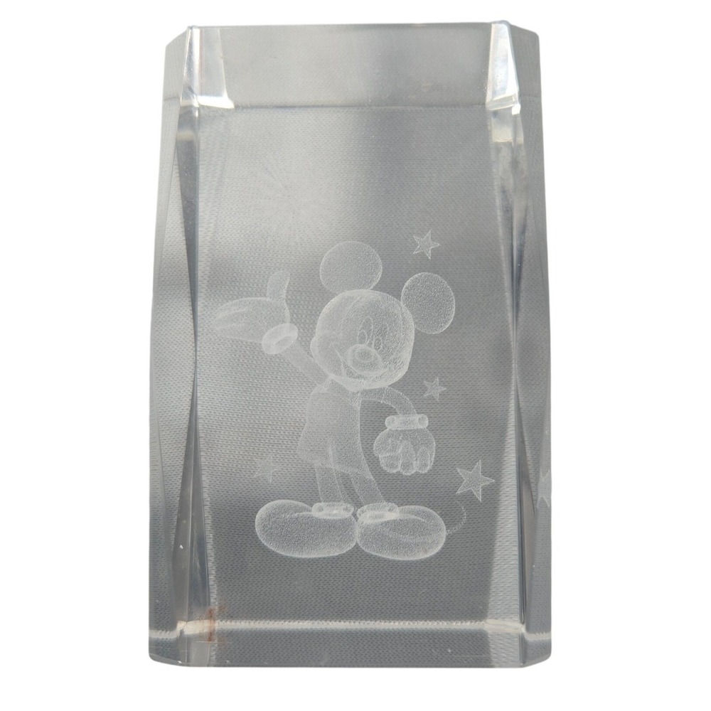 Disney Mickey Mouse 3D Laser Engraved Crystal Glass Paperweight Etched Block‎